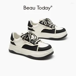 Casual Shoes Beautoday Chunky Sneakers Women Oryginalna skórzana platforma na palcach Flats Ladies Handmade 29571