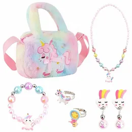 Unicorn Crossbody Bag Purse smycken för flickor, Unicorn Bag Girls Unicorn Beaded Jewellery Set Kids Plysch Bag Toys Uni Q3A9#