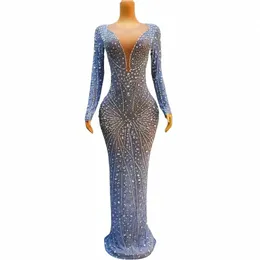 Sexy Stage Bling Sier Rhinestes Aniversário Comemorar Blue Dr Dance Stretch Cristais Outfit Prom Singer Dance Collectis d7B9 #