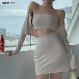 Work Dresses Sexy Bag Hip Skirt Jacket Strapless Bra Camisole Three-Piece Female Summer 2024 Style Knitting Suit