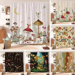 Tende da doccia Tenda a fungo Retro Farfalla Floreale Boho Luna Botanica Fiori di campo Pianta verde Estetica Bagno Bagno Decor