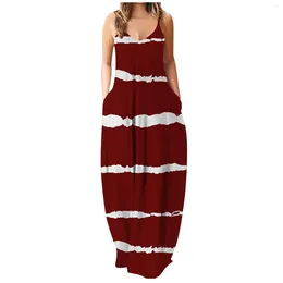 Casual klänningar eleganta randiga långa maxi klänningar kvinnor lös pocket strand sundress sommar spaghetti rem trappa camis drees robe