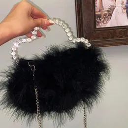 Totes Diamond Handle Evening Bag Ostrich Fur Clutch Purse Women's Designer Chic Rhinestone Black Wallet Wedding Party Sac A Main