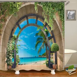 Cortinas de chuveiro Paisagem 3D Seas à beira do lado da cortina de banheiro de impressão Archway Decoração em casa à prova d'água com ganchos