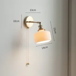 日本ヴィンテージウォールランプブラスセラミックランプシェードプルワイヤースイッチベッドルームベッドサイドの壁のライトホームデコレーション用スイベルスコニース