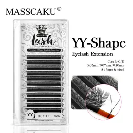 Masscaku säljer 12 rows yy form faux mink dubbel spets ögonfrans y stil ryska volym ögon fransar individuella lätt fluffigt y fransar