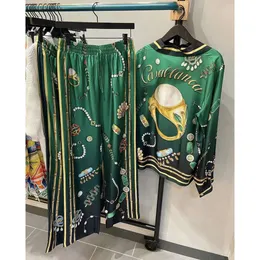 24ss Casablanca Conjuntos de seda verde joias estampadas havaianas camisa de manga comprida seda calças soltas Casablanc