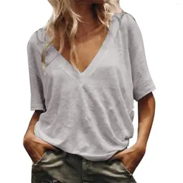 Kadın Tişörtleri Bayanlar Derin V Boyun Bluz Kısa Kollu Düz Renk Gömlek Kadınlar Rahat Üst Uzun Tunikler Yaz Kemaz Takıntıları Bluz