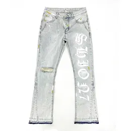 Męskie dżinsy 100% czyste bawełniane męskie jeansy z literą wydrukowane otwarte dżinsowe spodnie ciężka łza na męskich kolanach J240328