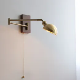 IWHD Walnut Ash Wood Canopy LED Wall Light Fixtures Pull Chain Switch Copper Arm Left Rotate Sovrum bredvid Lamp Sconce