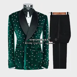 Luxury Pearls Suits Men Black Laple Green Blazer Groom Wedding Tuxedo Tailored Made 2 Piece Set Jacket Pant Prom Party Dress