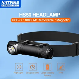Natfire HS50 헤드 램프 충전식 3400mAh 헤드 라이트 1000lm LED USB C 충전식 자기 테일 작업 캠프 조명