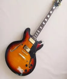 Em estoque memphis 335 semi oco pôr do sol jazz guitarra elétrica chama bordo folheado lado e volta escudo inlay ligação personalizada limi2116579