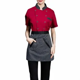 stain-resistant Chef Jacket Profial Chef Uniform Set with Short Sleeve Shirt Apr Double-breasted for Kitchen for Comfort w82i#