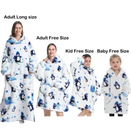 Flannel Blanket with Sleeves Winter Hoodies Sweatshirt Fleece Giant Wearable Blanket Hoodie Oversized for adults kids babys