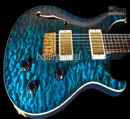 Özel 22 Özel Stok Brezilya Ltd Blue Qulit Maple Üst Yarı Holllow Vücut Elektro Gitar Abalone Boyun Bağlayıcı Kuşlar Fingerbo355555567