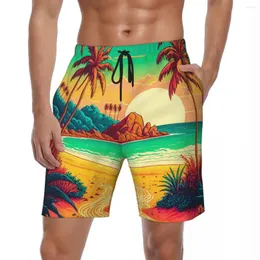 Shorts masculinos swimwear colorido placa tropical verão praia paisagem moda homens esportes fitness troncos de secagem rápida