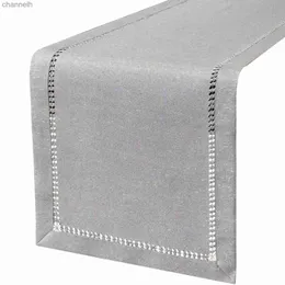 Table Runner Hand Hemstitched Dining Dresser Scarves Silver Thread Interweaving (Light Gray 12 x 72 Runners) yq240330