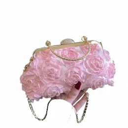 pink Lace Floral Clutch Bag For Women Fi Chain Shoulder Crossbody Bag Female Cloth Handbag Designer Bag Wedding Clip Purse M5po#