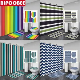 Duschgardiner Multicolour Stripes tryck Curtain Badrum Vågiga badmattor Piedestal Mattor Toalettlock täcker icke-halkmatta