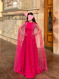 Hot Pink A Line Evening Dresses with Cape Crystal O Neck Floor Length Evening Gown Plus Size Satin Womens Formal Special Occasion Dress