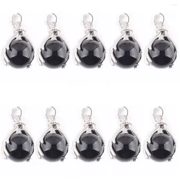 Pingente colares 10 pçs na moda preto natural obsidian pedra pingentes reiki cura redonda jóias presente mãos palma charme tn3148