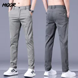 Hiqor marca masculina alta elasticidade calças casuais cintura fina calças retas primavera verão fino pantalon roupas masculinas 240328