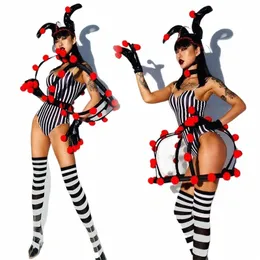 Ny nattklubb Gogo Dance Costume Clown Striped Bodysuit Singer Stage Wear Rave Outfit Drag Queen Clothes Festival Kläder Set W28Z#