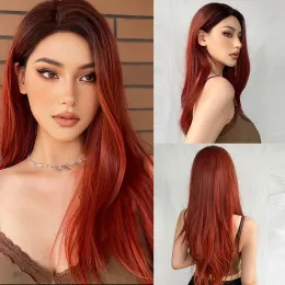 Wigs HENRY MARGU Long Straight Red Brown Synthetic Wigs Copper Ginger Middle Part Hair Women Wigs Daily Heat Resistant Fiber Wigs