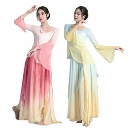 Klassisk festivalutrustning Kvinnors flytande gasväv kinesisk etnisk folkdans öva kläder fan dans prestanda kostymer 990h#