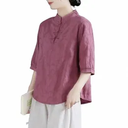 Sommarshandlar för kinesiska kvinnorkläder tang Hanfu vårens höstskjorta blus Löst fritids topp vintage t-shirt te-service g9qh#