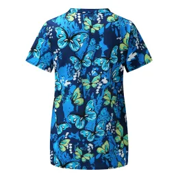 Butterfly Print Carer Tunic Women Tops Krankenschwester Uniform Krankenhausarbeiter lässig Kurzarm V-Ausschnitt T-Shirt Enfermeira Uniformes