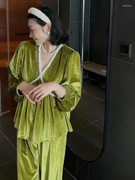 Домашняя одежда Пижамы Женские пижамные комплекты с длинными рукавами Роскошные дизайнерские золотые бархатные пижамы Домашняя одежда Перья Свободная домашняя одежда