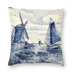 Kissen Dutch Blue Delft Vintage Segelboot Windmühlen Druck Quadratischer Bezug Polyester S Für Sofa Kreativer Kissenbezug