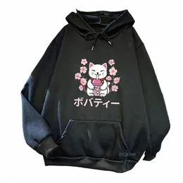 Frühling Herbst Winter Frauen Hoodies Carto Katze Blase Boba Milch Tee Kirschblüte Druck Lg Hülse Plus Größe Hoodie Sweatshirt s6ZR #