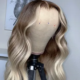 Menschliches Haar Highlight Ombre Braun Asche Blonde Wave Perücken brasilianisch farbig 613 Blonde Perücke 13x6 HD Transparent 360 Spitzenfront -Perücken