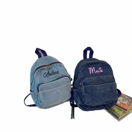 Persalized Bordado Denim Mochila, Jean Mochila para Mulheres Daypack Jeans Estudante Mochila Escola de Viagem Bookbag Bolsa de Ombro M9SW #