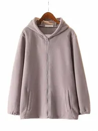 Plus Size Giacca da donna autunno e inverno con cappuccio maniche Lg Felpa in tessuto felpato double-face con cardigan con zip tascabile y82P #