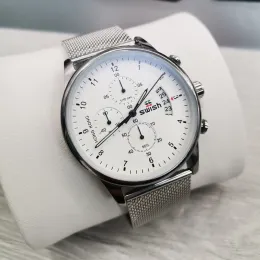 Swish Luxury Chronograph Men Watches Quartz Sport Waterproof Mesh Strap Owatch Date Relogios Masculinos Clock Classic