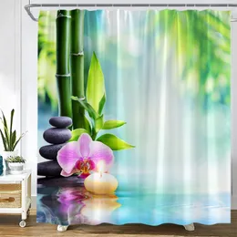 Cortinas de chuveiro zen cortina verde bambu roxo orquídea flor pedra preta vela spa natureza cenário banho tecido decoração do banheiro