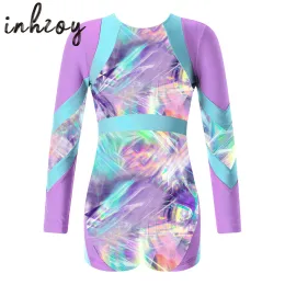 Kızlar holografik baskı bale dans jimnastik leotard çocuklar için leotard gençler uzun kollu unitard figür buz pateni bodysuit tulum