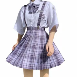 2021 Scuola giapponese JK Uniforme a due pezzi Set da donna Camicie bianche + Mini gonna scozzese viola Stile preppy Invia Papillon 3 pezzi Set l6uW #