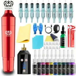 1 Set Neebol Wireless Tattoo Pen Kit Gun Equipped With LED Power Supply Includes 10Pcs Needles7Color Inks 240322
