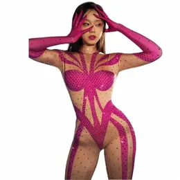 sexy rhinestes Printed Jumpsuit Gloves Performance club Party Birthday drag queen pole dance clothing Stage leotard women Z7uI#