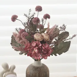 Outono flores de seda artificial rosa hortênsia buquê dandelion flores falsas sala estar casa casamento decoração de mesa de natal 240322