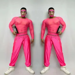 무대 착용 나이트 클럽 바 분홍색 투명 탑 바지 댄스 의상 남성 DJ 댄서 섹시 공연 파티 쇼 클럽웨어