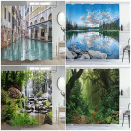 Shower Curtains Nature Landscape Curtain Rainforest Plants Flowers Waterfall Lakes Rustic Scenery Fabric Home Bathroom Decor Set