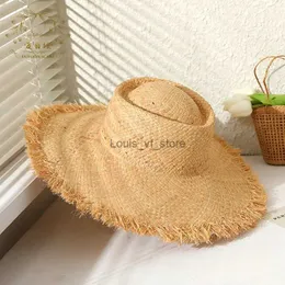 Wide Brim Hats Bucket Handmade Weave Natural Raffia Straw For Girl Summer Large Tassel Panama Beach Sun Hat Lady Holiday Jazz Cap H240330