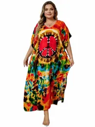 Sexy V Neck Print Oversize Kaftan Batwing Sleeve Side Sit Summer Wase Women Women Awor Plus Size Inch Swimsuits Q1464 K81H#