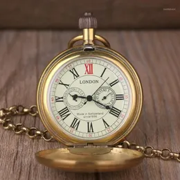 Taschenuhren Vintage Retro Kupfer Uhr Männer Legierung London Mechanisch mit Metallkette Steampunk Roman1257v